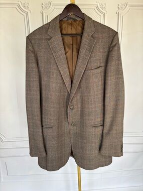 VTG CRICKETEER Mens 44L Brown Blue Plaid TWEED WOOL Sport Coat Blazer Jacket